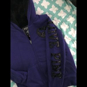 Love pink hoodie fur lined zip jacket navy purple